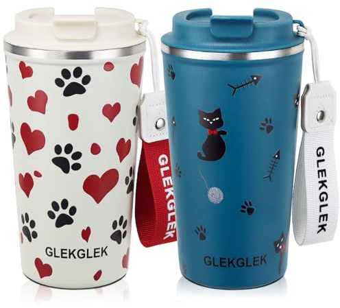 GLEKGLEK Taza Térmica 500ml con Correa, Pack de 2, Gato y Perro