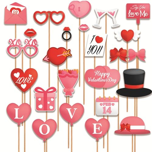 Valentines Day Selfie Photo Booth Props - 25Pcs Pink Red Funny Valentines Day Decorations Photo Booth Props,Party Props for Valentines Day Engagement Wedding Photo Props Party Supplies