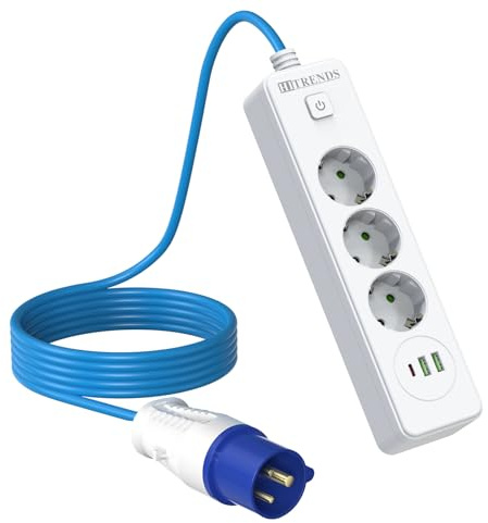 Försänkt uttag med USB, inbyggt uttag med strömbrytare, 3-vägs bordsuttag, grenuttag med 2 USB A+1 USB C, grenuttag med CEE-kontakt för camping, kök, husvagn, tält, 5 m kabel-vit