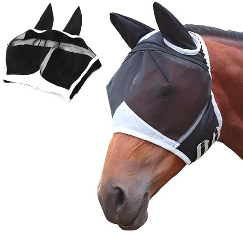 KEMUZ Masque Anti Mouche Cheval,Masque Anti-Mouches Extensible PourCheval, Masque Anti-Mouches pour Cheval, Masque Anti-Mouches pour ChevalAvec Oreilles, Adapté pour Repousser Les Mouches (Noir)