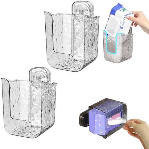 Multifunctional Anti-Glue Glacier Pattern Tissue Box, Wall Mount Tissue Box Holder, Clear Wipes Dispenser Wipe Tissues Storage Boxs Case for Kitchen, Bedroom, Bathroom (2PCS-WHITE)
