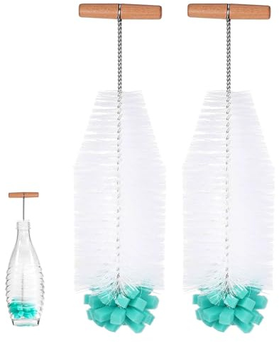 Scovolino per Bottiglies di Soda, 2 Pezzi 32 cm Spazzola per la Pulizia Delle Bottiglies d'acqua, Spazzola con Manico in Legno e Setole Dure e Testa in Spugna, per Brocche, Bicchieri, Verde