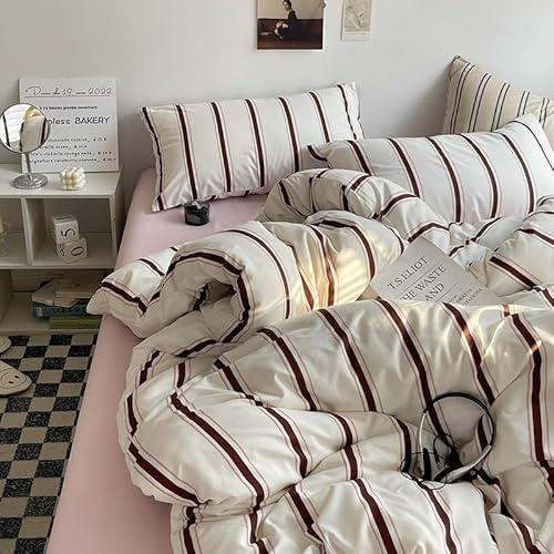 Freyamy - Parure da letto con copripiumino 200x200 cm a righe rosso bianco per 2 persone, ragazze e donne, con chiusura lampo, set di copripiumino stampato a righe in microfibra con 2 federe 65 x 65