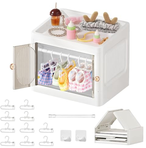 Aerbee Foldable Doll Wardrobe Storage Box with 10 Hangers & Rod - Stackable Organizer Cabinet for 15/17cm Doll Clothes with Dust-Resistant Cover and Display Shelf