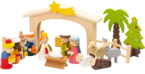 Jollix Belén de Navidad de Madera Pintado a Mano – 18 Piezas – con árbol de Navidad – Pesebre para niños – decoración navideña Colorida y Regalo Ideal – Portal con Estrella, Reyes Magos, María y José