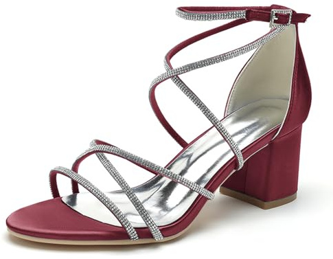 HFWXYSA Donna Scarpe da Sposa con Tacco Largo Cinturino alla Caviglia Décolleté Punta Aperta in Raso con Strass,Burgundy,42 EU