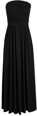 HUSKARY Women Strapless Dress Casual Summer Tube Top Dress Ruched Sleeveless Flowy Midi Dress with Pockets Black S