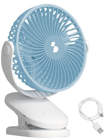 BEPER P206VEN421 Mini-fläkt med klämma, uppladdningsbar via USB, bärbar fläkt med 4 hastigheter, oscillerande, timer upp till 8 timmar, lutning 180°, bordsfläkt eller hängande fläkt