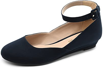 DREAM PAIRS Women's Ballet Flats Pumps Ballerina Ankle Strap Elastic Low Wedge Sandals Round Toe Comfy Dolly Shoes,Size 6,Navy/Suede,REVONA
