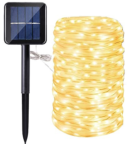 Manguera led solar, DINOWIN 72ft/22M 200leds Guirnaldas Luminosas Solares de Cuerda, Exterior led Luces decorativas (Blanco cálido)