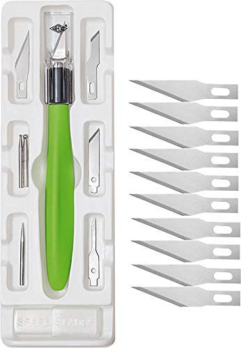 Wedo 7872199 Cutter Hobbymesser Set Comfortline (mit Softgriff inklusive 5 Präzisionsklingen, 1 Stechahle und 2 Prägestifte, Schutzkappe) apfelgrün + Ersatzklingen (spitz)