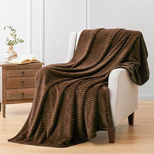Vessia Flannel Fleece Throw Blanket(50X70 Inch), 300GSM Cozy Brown Stripe Throw for Couch, Sofa and Bed, Warm and Soft Chocolate Microfiber Ribbed Blanket for All Season
