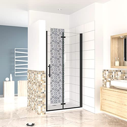 80x190cm Porta Doccia per Nicchia Apertura Battente Pieghevole in Vetro Temperato Trasparente 5 mm Anticalcare Telaio Nero Opaco