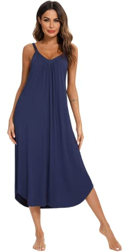 Jlowesun Night Dress Women UK,Soft Cotton Nighties with Wavy Hemline,V-Neck Full Slip Loose Stretchy Strappy Women's Nightwear M Navy Blue