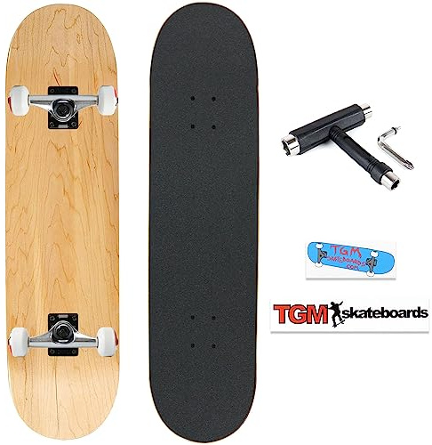 TGM Skateboard Complete - Premium 7-Ply Maple Construction - Natural 8.5 - Fully Assembled Skateboard with Skate T-Tool and Stickers