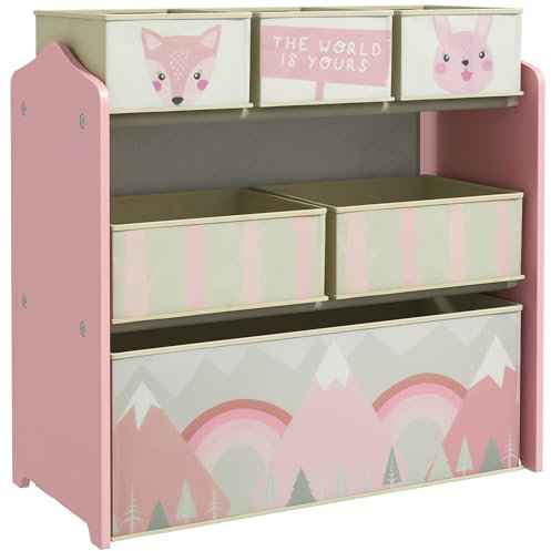 ZONEKIZ Scaffale Portagiochi per Bambini con 6 Contenitori Rimovibili in Tessuto, Organizzatore per Giocattoli Multiuso per Cameretta e Stanza dei Giochi, 63x30x66 cm, Rosa