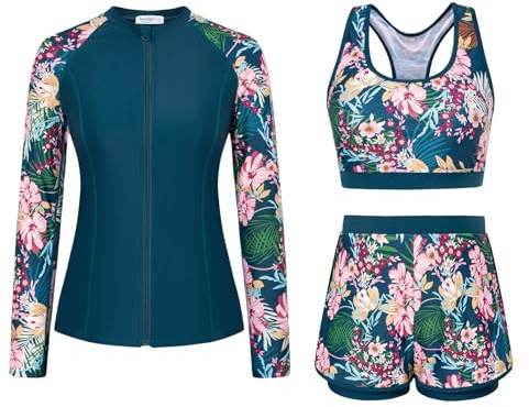 JASAMBAC Womens Rash Guard Long Sleeve Bathing Suit, 3 Piece Swimsuits Modest Tummy Control Swimwear,UPF50+ Swim Shirts with Shorts M
