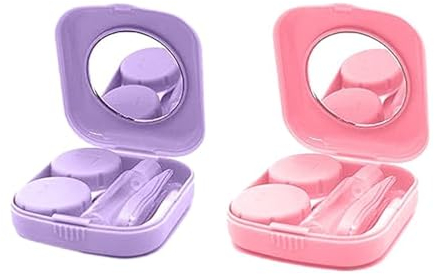 Ryaupy 2 Pcs Tragbar Kontaktlinsenbehälter Hygiene， Mini Box Container Kontaktlinsenhalter, Cute Kontaktlinsen Travel Kit Mit für tägliche Ausflüge wie Reisen und Arbeiten (Pink und lila)
