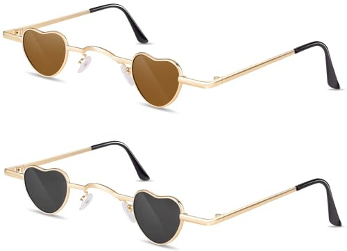 Kiiwah 2 Pares Gafas de Sol de Mini Corazon, Unisex Gafas Hippie Retro Gafas en Forma de Corazón Vintage para Mujere Hombre Fiesta Fotos Accesorios (Negro, Marrón)