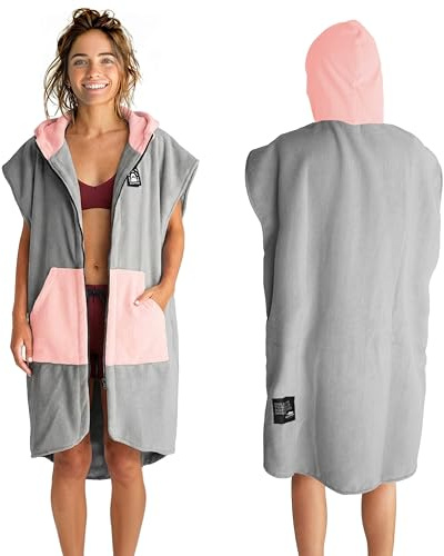 Pilotfish Surf Poncho Changing Robe Towel - Hooded, Zippered Towel Poncho for Beach, Surfing, Swimming | 2 Front Pockets, Machine Washable, (Gray/Pink, Large)