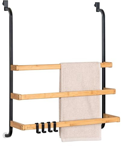Eluno Porte-Serviettes pour Paroi de Douche en Verre - Métal et Bambou, 3 Barres, 4 Crochets Pratiques, à Accrocher Sans Percer (Noir)
