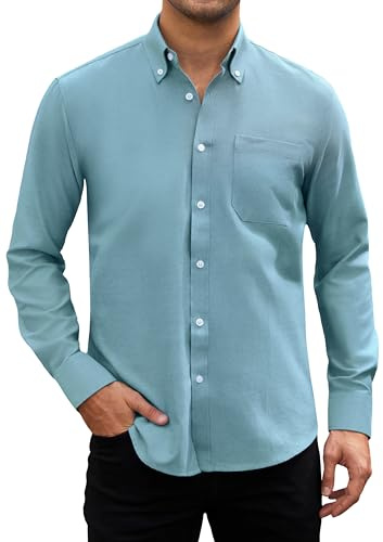 HISDERN Mens Blue Shirts Long Sleeve Oxford Casual Smart Shirt for Men Wedding Formal Shirt with Pocket Regular 4XL