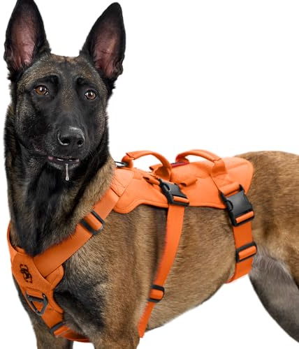 OneTigris Arnés para perros, T-Bone táctico con 2 asas, a prueba de fugas, arnés ajustable para perros, caza, senderismo, entrenamiento, paseo, actividades al aire libre (naranja, XL)