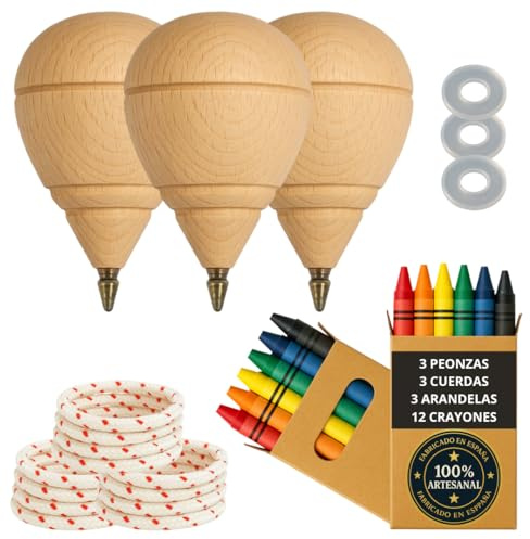 Peonza Madera para Niños Pack 3 Trompos + 12 Ceras de Colores + 3 Arandelas | Hecho a Mano en España con Punta Bolígrafo.