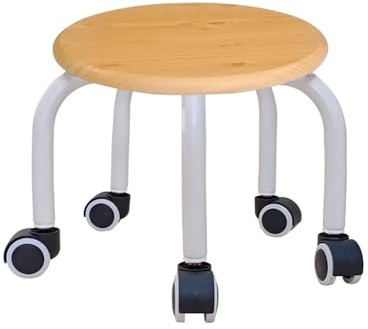 Taburete de madera de perfil bajo con 5 ruedas, base redonda de metal, asiento rodante, universal, para oficina en casa o fitness, color negro y blanco