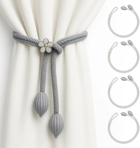 4 Pack Curtain Tie Backs, Grey Tiebacks for Curtains, No Drill Needed, Curtain Accessories for Home, Office, Living Room, Bedroom