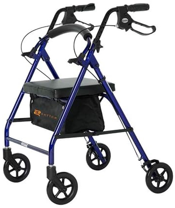 Rhythm Healthcare Royal Aluminum 4 Wheel Rollator, Lightweight Folding Walker with Padded Seat, Tote Bag, and Locking Loop Brakes, Blueberry