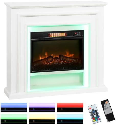 HOMCOM Electric Fireplace with Surround, LED Lights, 38 1800W Inset Electric Fire and Mantel Reach up to 30 m² with Realistic Flame Effect & 3 Brightness, Remote & Timer for Living Room, White