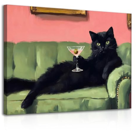 Dazzlewall Framed Funny Black Cat Wall Art,Retro Elegant Black Cat Holding Martini Arts Prints for Bedroom Living Room Bar Decor 12x16 in