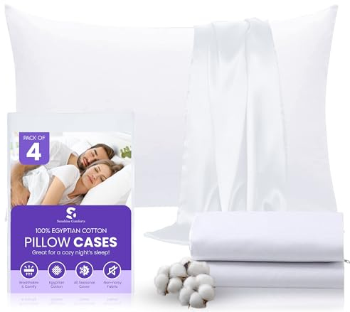 Sunshine Comforts Pillow Cases 4 pack - Egyptian Cotton 200 Thread Count Pillow Cases/Pillow Protectors, Hotel Quality Fabric & Wrinkle free pillows Cover Pack of 4 (Standard 50x75 cm, White)