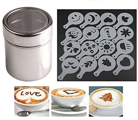 1 saupoudreur de cacao – 16 pièces/lot de moules à café pour dessin, cappuccino, imagination, impression de café, modèle de mousse, pochoirs à gâteau, tamis à sucre en poudre