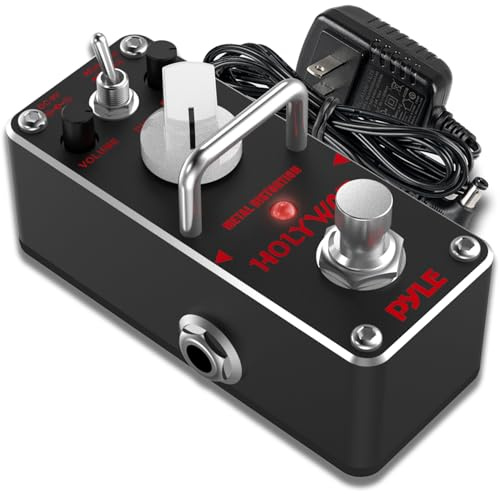 PyleUsa Metal Distortion Guitar Effect Pedal, Mini Digital Analog Effects For Electric Guitar And Bass, True Bypass, Contour, Volume And Dist Knobs, LED Indicator, Includes Adapter