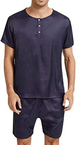 Caxndycing Pyjama court pour homme en pure soie avec boutons, vêtements de nuit à manches courtes pour l'été pour homme, Marine, XL