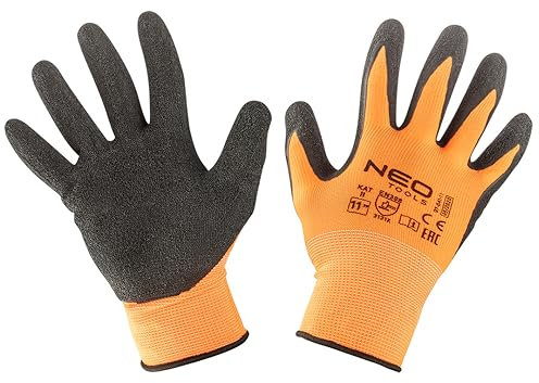 NEO TOOLS Gants de travail de sécurité robustes Gants de Constructeur, Gants de Jardinage, Gants de Mécanicien Légers - Gants de montage solides avec revêtement en latex - 8-11 (Orange, 9)