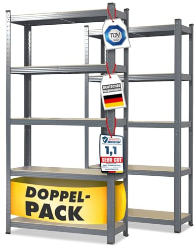 KARAT Schwerlastregal, 2er Set, 50 x 100 x 200 cm Steckregal, Kellerregal, Lagerregal - 5 verstellbare Böden (Grau)