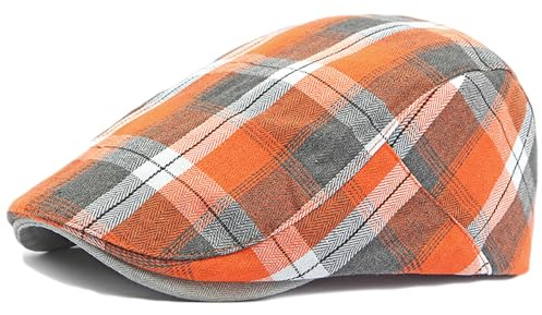 Qianuer Newsboy Hats Adjustable Ivy Flat Cap Gatsby Cabbie Driving Hat for Men Women (Orange Plaid)