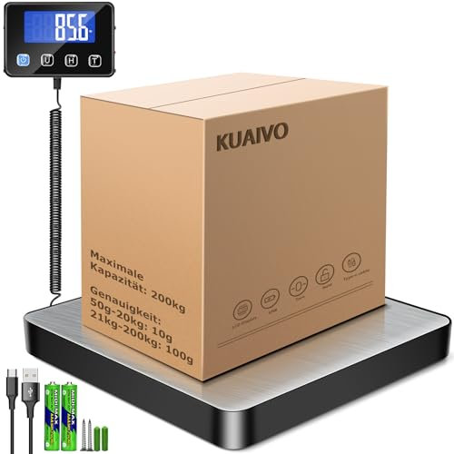 KUAIVO Paketwaage, Hochpräzise Plattformwaage 200kg/10g mit LCD/Hold/Tara Funktion, Postwaage aus Edelstahl für Pakete, Gepäck, Lagerhaus, Unternehmen und für den Hausgebrauch, Aufladbar