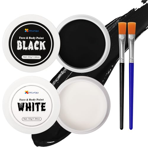 nsxsu Halloween Face Paint White+Black 110g(3.9oz ), Face Painting Kit Professional for Kids and Adults, Body Paint Set with Brushes for Halloween SFX Makeup Cosplay Skull Clown Art Theater