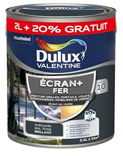 Dulux Valentine Peinture Ecran+ Fer Intérieur/Extérieur - Haute résistance aux intempéries, aux UV, chocs et rayures - Gris Anthracite 2 L + 20% gratuit