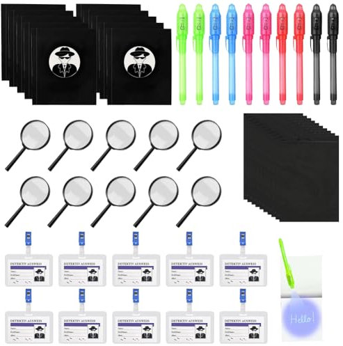 CEWROM Detektiv Set Kinder, 50 Stück Detektive Spielzeug Kinder Set, Geheimstift mit UV Licht Kinder, Notizbuch&Lupen Spielzeug&Detektivausweis Ausweise mit Clip, Kindergeburtstag Party Detektiv Ab
