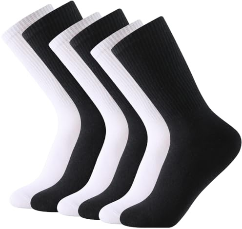 Balseti Calcetines Media Caña Deporte Hombre, Mujer. Calcetines Finos Verano para Trabajo. 85% Algodón. Pack 6 Pares Deportivos, Casuales, Transpirables para Chico, Chica. Talla 43-47 - Blanco, Negro
