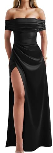 Memoriesea Women's Elegant Off Shoulder High Split Bodycon Evening Wedding Maxi Dress Black