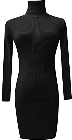 GOSTYLES® Women Ribbed Polo Neck Midi Dress - Ladies Knitted Long Sleeve Turtle Neck Bodycon Jumper Top (Black, Medium)