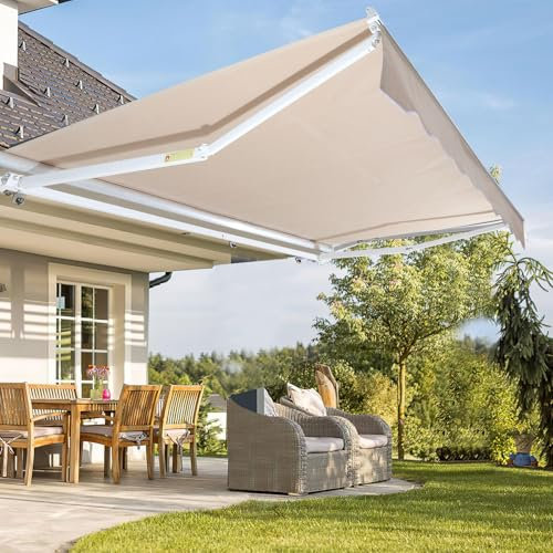 Fiqops Auvent manuel à bras articulés, 350 x 300 cm, protection solaire avec manivelle, anti-UV et imperméable, en aluminium/polyester, pour balcon, terrasse, jardin, beige