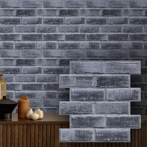 COMSTICKC hög kvalitet 3D-väggpanel självhäftande tegelsten grå, 10 st 30 x 30 cm, 3D PVC stenutseende självhäftande väggplattor, 3D-tegeltapet för inomhus, vattentät, övermålningsbar