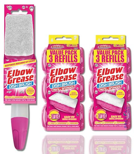 Elbow Grease Fillable Pink Washing Up Brush and 7 Sponge Scratch Resistant Scourer Refills. Perfect for tough stains on Dishes, Pots and Pans, Sinks and Surfaces. Bundle, by FREYPAC